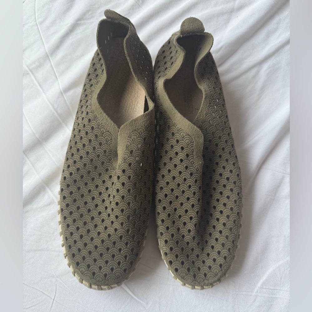 Green Suede Slip-On Loafers with Perforated Design